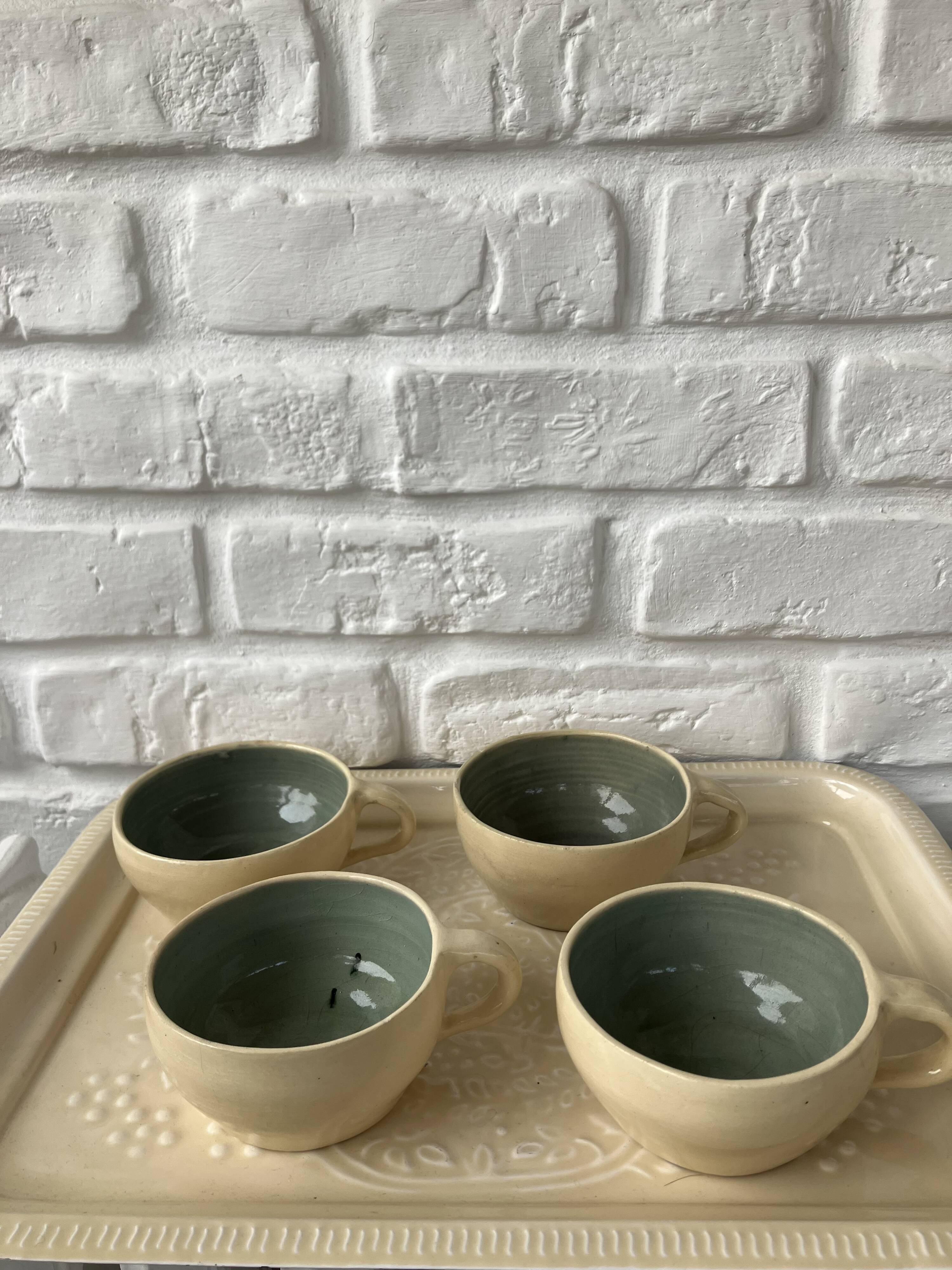 4 handcrafted beige & blue glazed earthenware cups