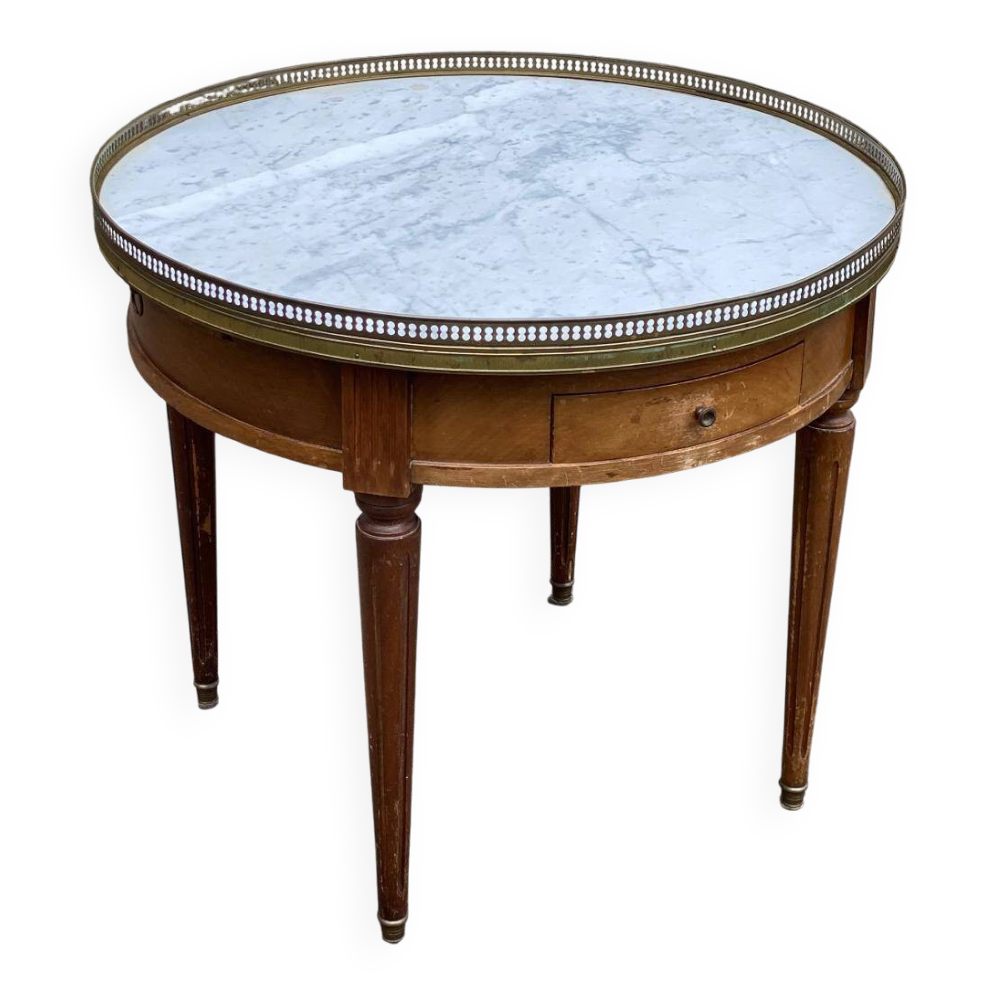 Table basse Bouillotte ronde Louis XVI en bois massif et marbre doré