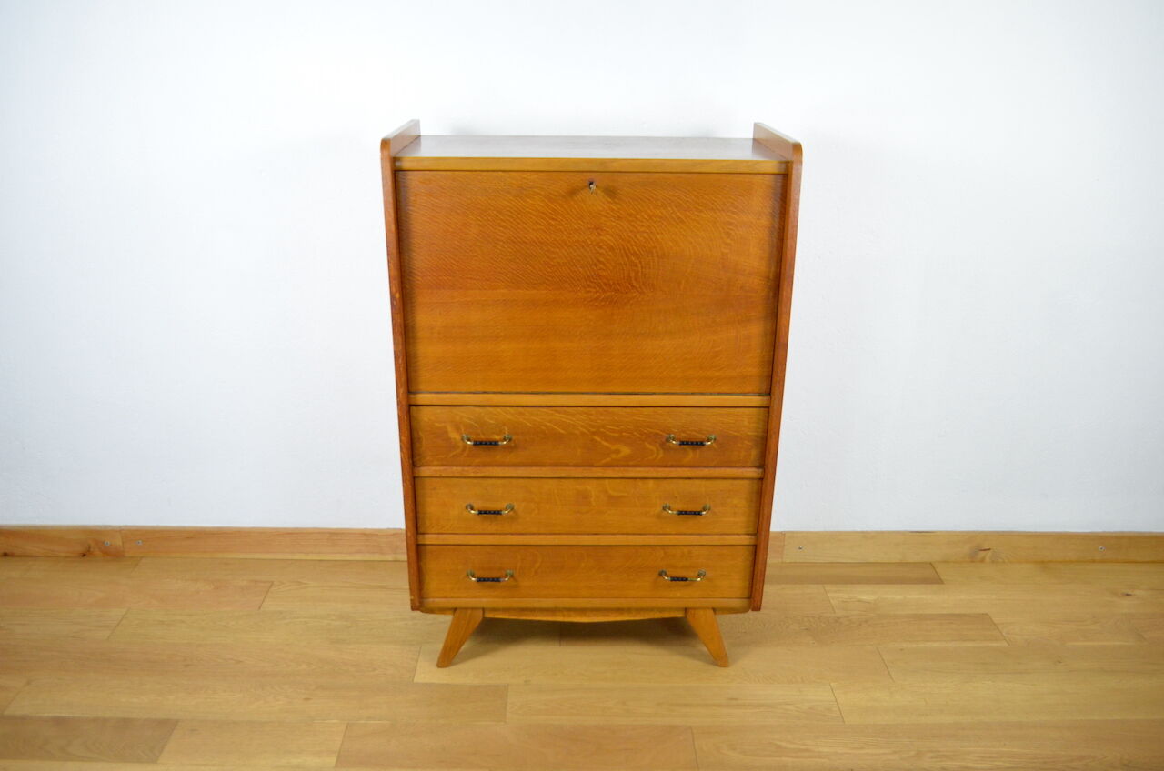 Secrétaire pieds compas & chêne doré vintage 1950