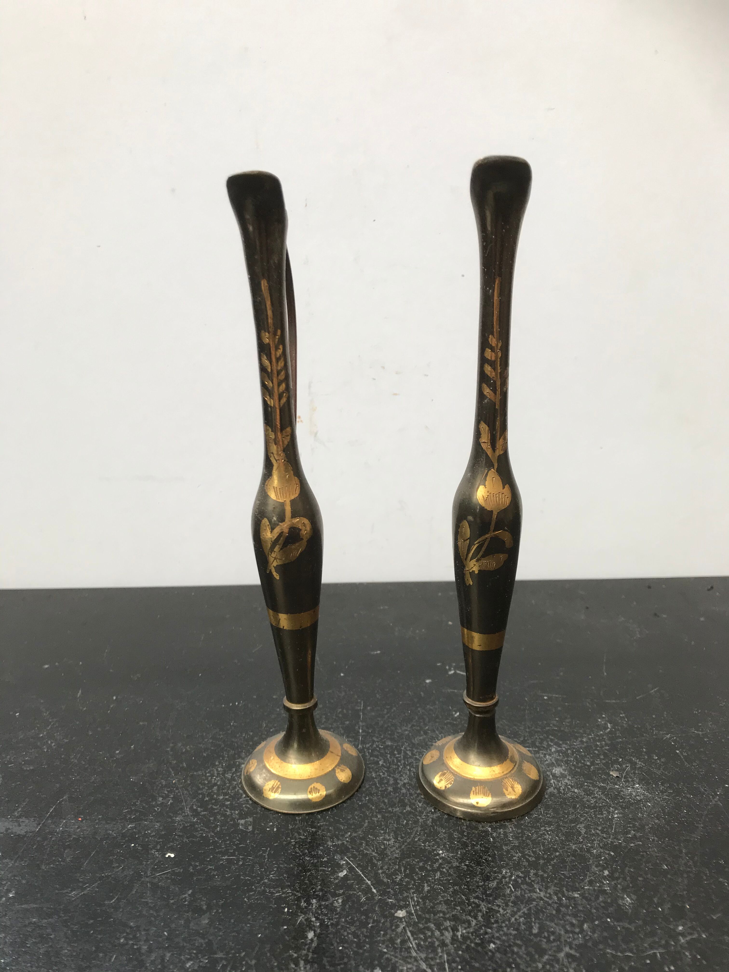 Pair ancient vase soliflore - anse metal vintage golden decoration