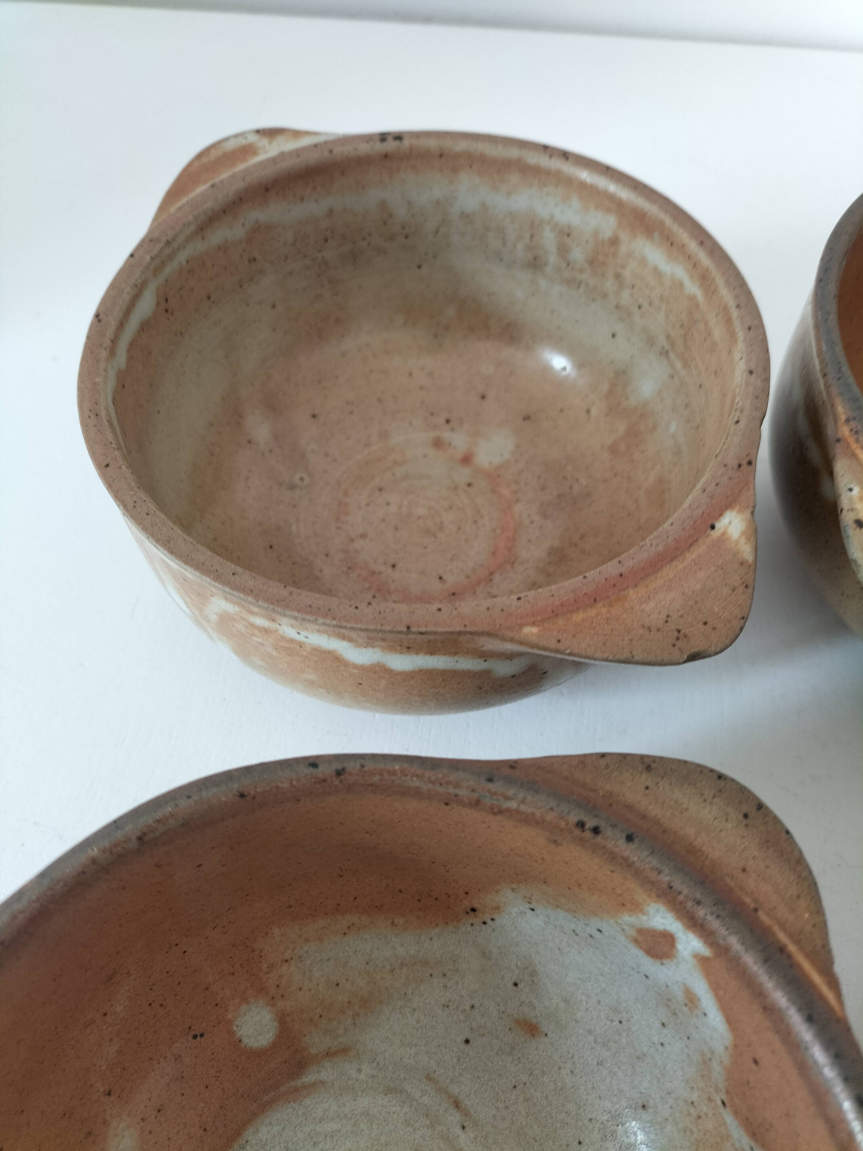 4 vintage handmade flamed stoneware ear bowls