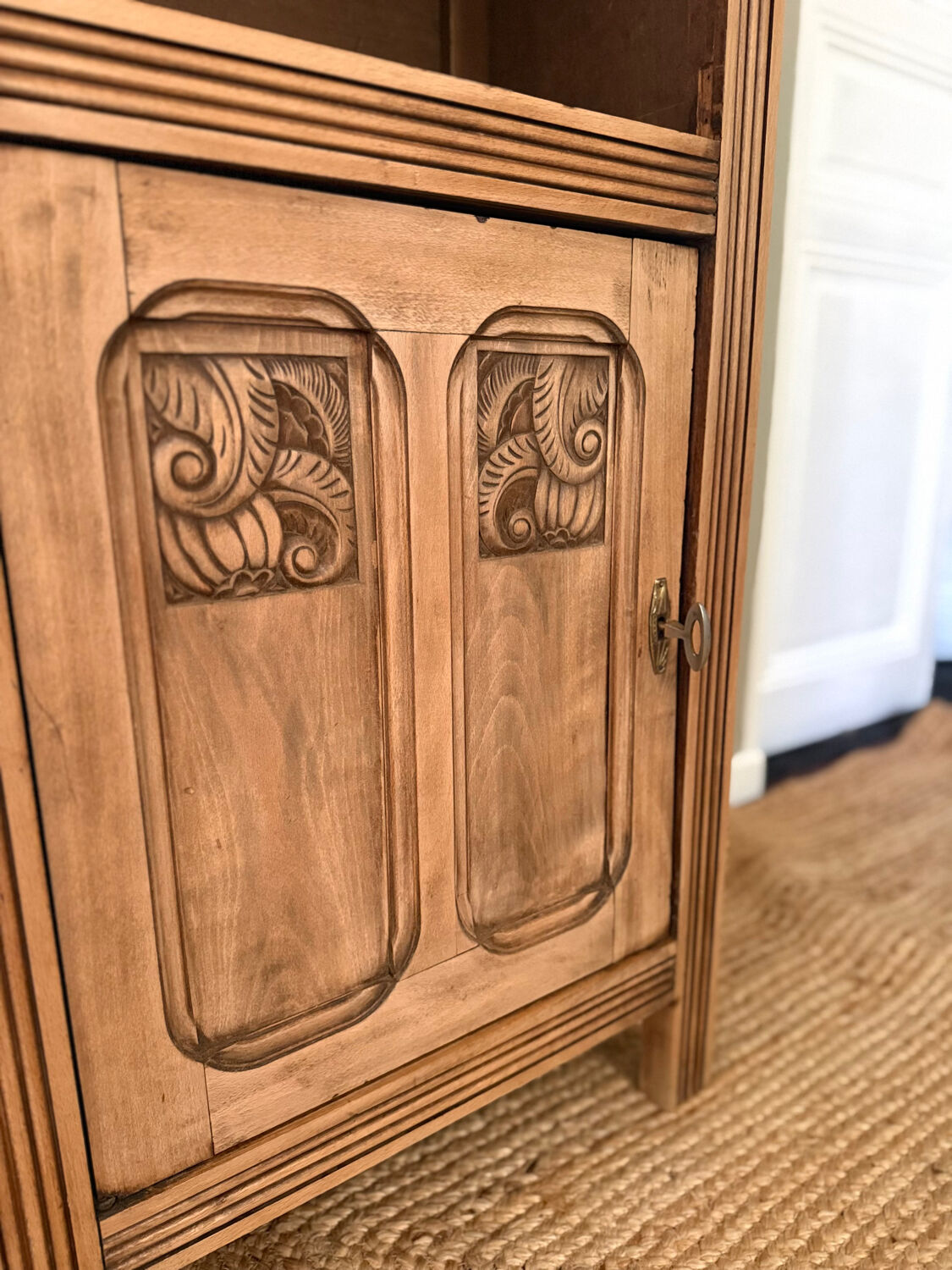 Small Art Deco jam cabinet in carved blonde oak