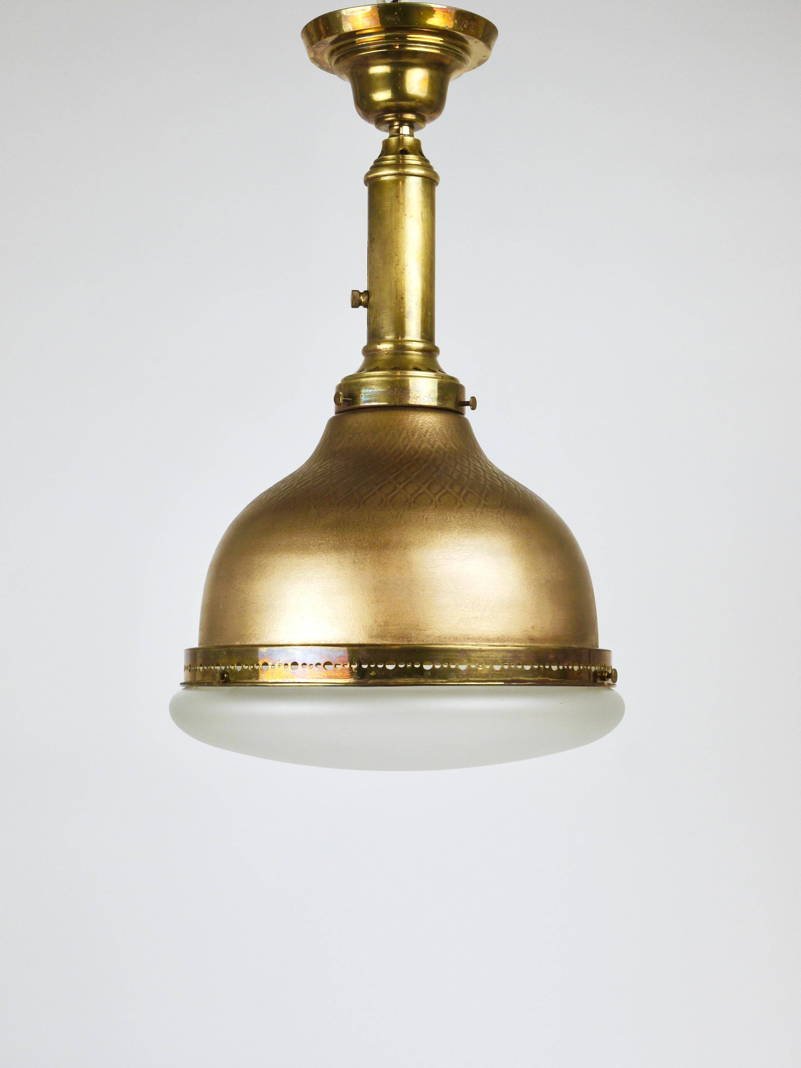 Art Nouveau pendant lamp in brass and glass from the 1920s, ceiling light, Jena, Germany.
