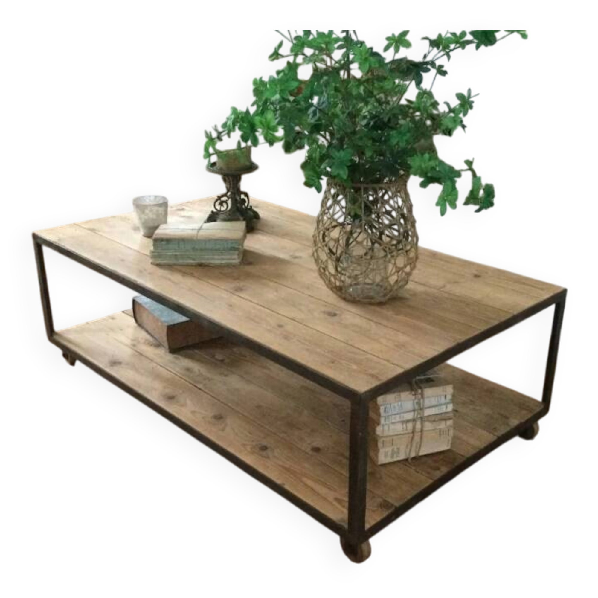 Table basse bois et fer 2 plateaux