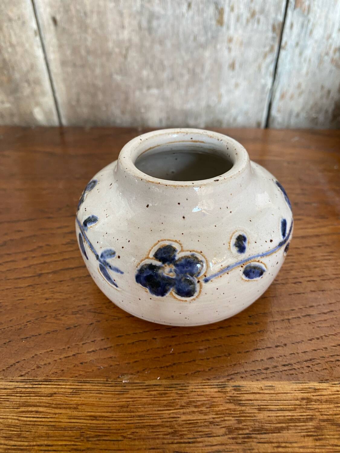 Antique White Ceramic Ball Vase Chiseled Decor Blue Flowers Vintage