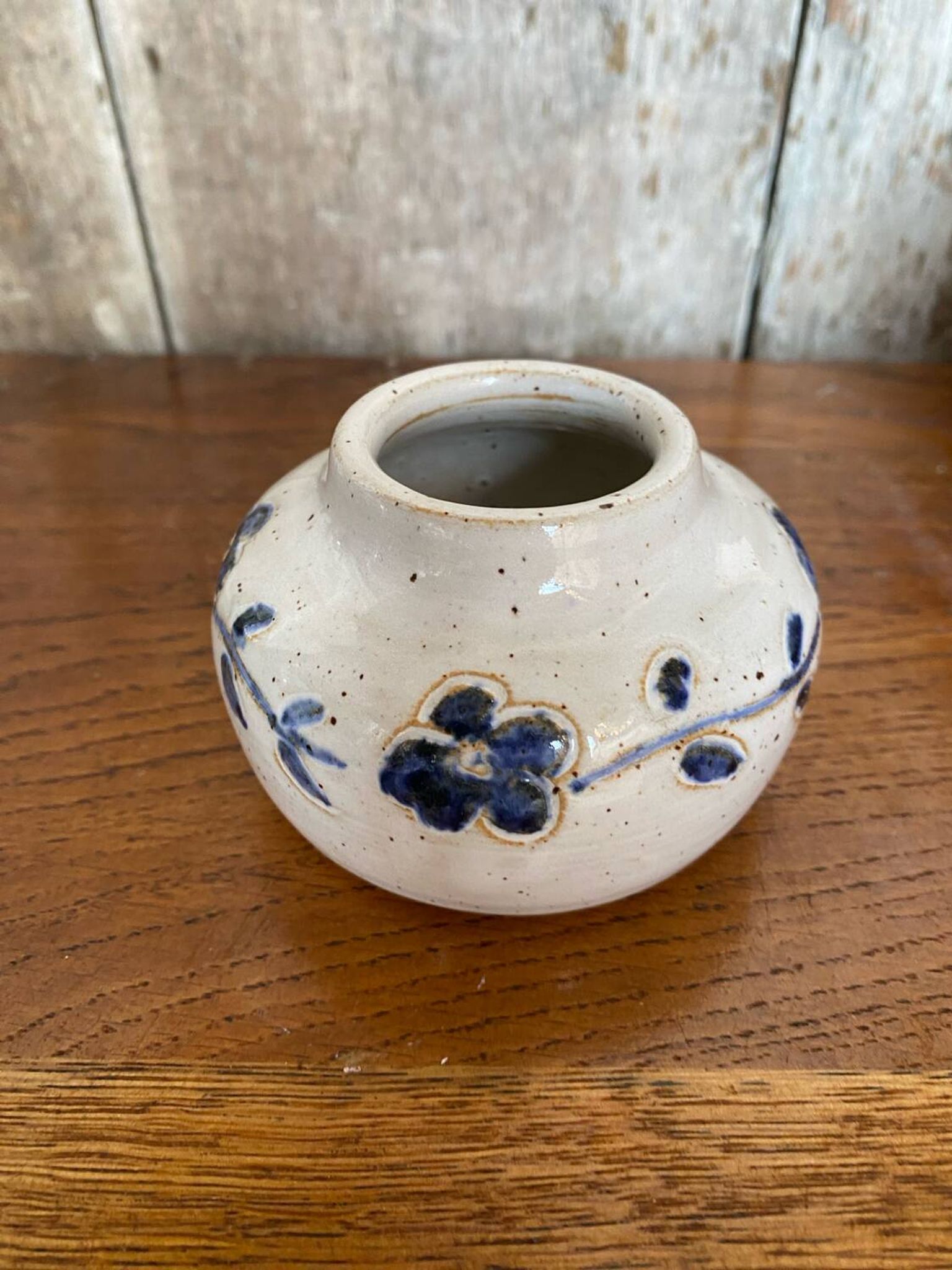 Antique White Ceramic Ball Vase Chiseled Decor Blue Flowers Vintage