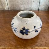 Antique White Ceramic Ball Vase Chiseled Decor Blue Flowers Vintage