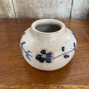 Antique White Ceramic Ball Vase Chiseled Decor Blue Flowers Vintage