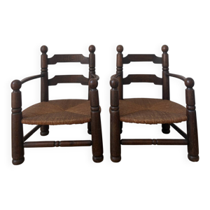 Paire de fauteuils en bois et paille