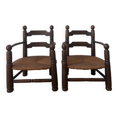 Paire de fauteuils en bois et paille  Charles Dudouyt