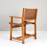 19th century oak and cognac leather brutalist castellana spanish armchair