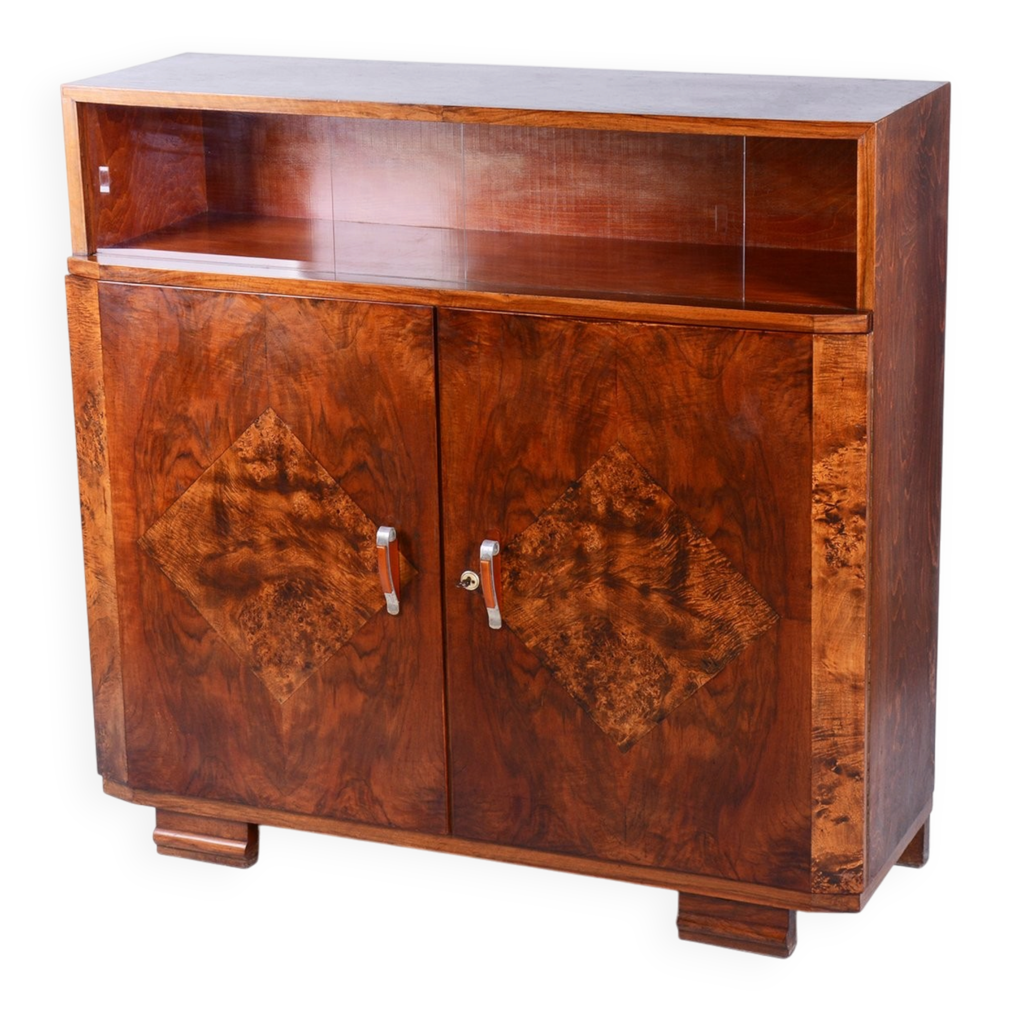 Ard Deco Commode in Walnut and Glass, Czech, 1920s