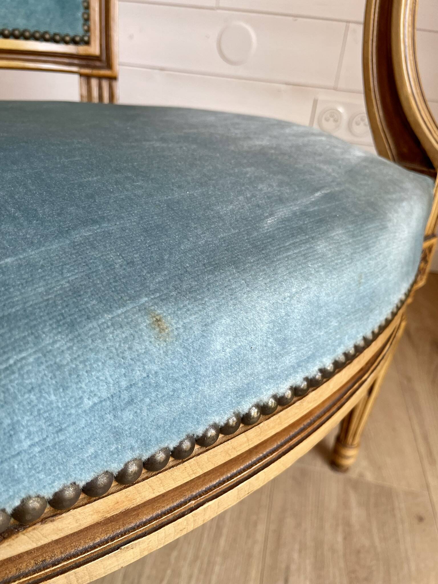 Pair of Louis XVI vintage cabriolet armchairs in duck blue velvet and wood.