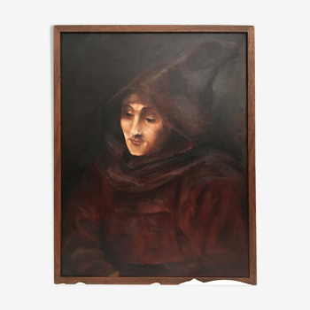 Portrait à l'huile Moine en tenue de bure sur fond marron
