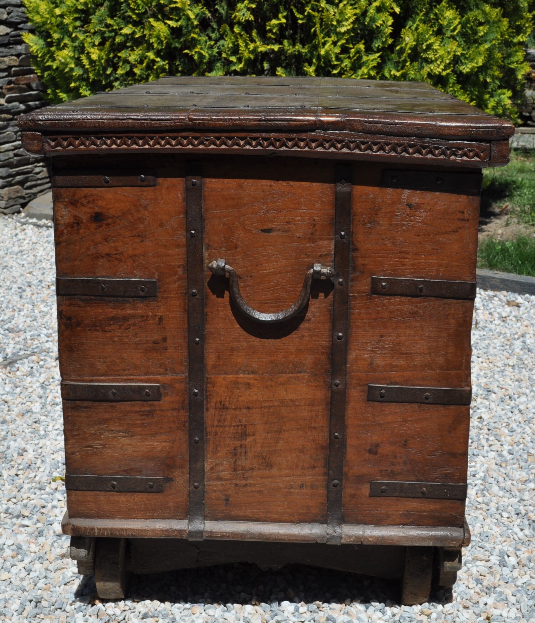 Wooden chest on wheels & wrought iron fittings - nineteenth century