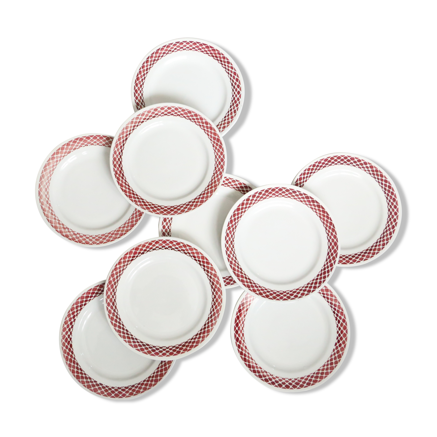 Set of 9 flat plates, geometric patterns, vintage