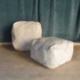 Pair of vintage square poufs in white leather, losanges patterns circa 1970