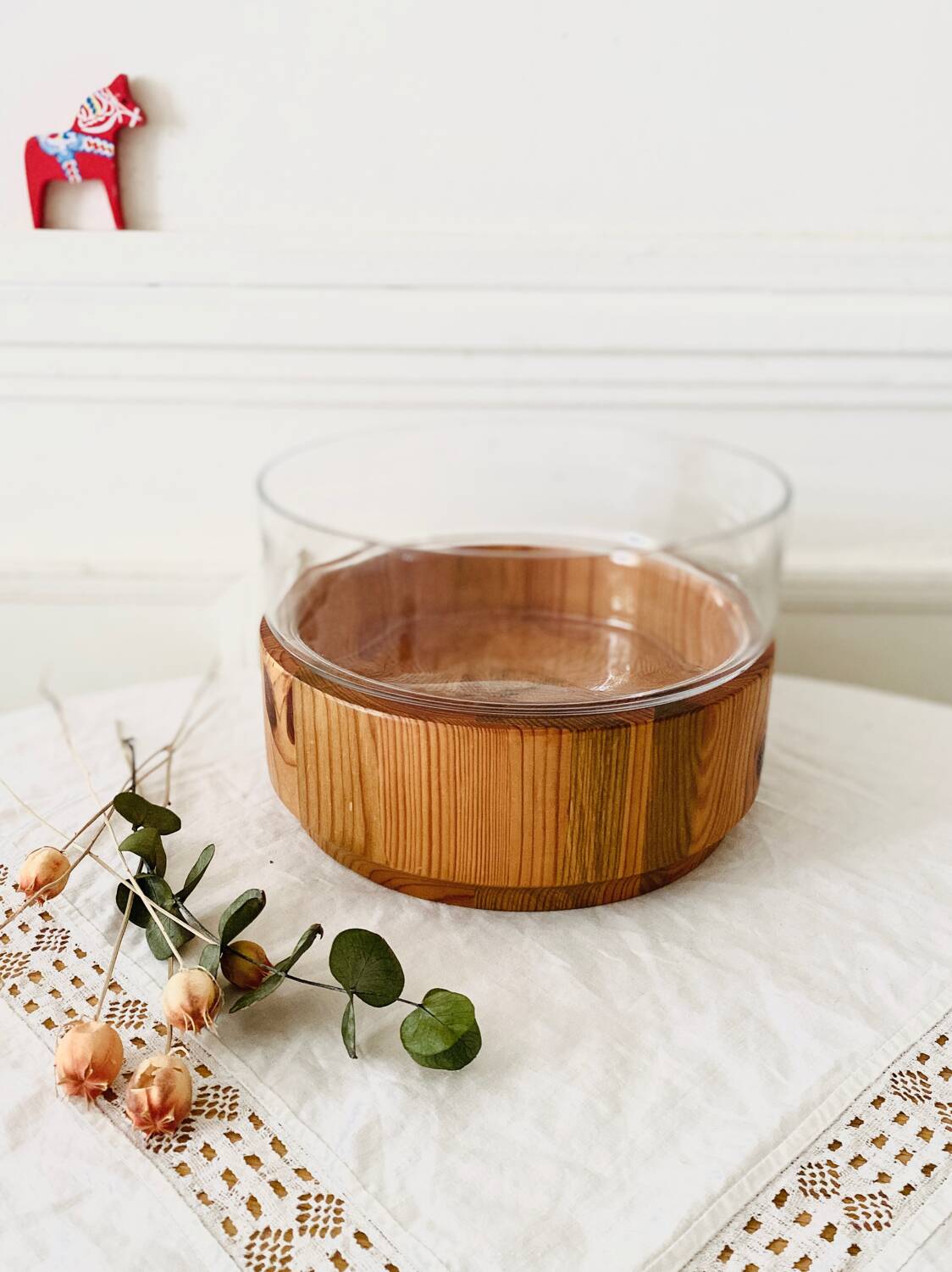 Large Scandinavian glass and wood salad bowl BLOMBERG GOTENE SWEDEN