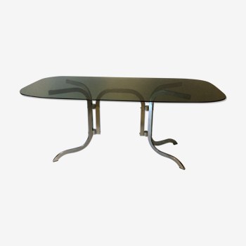 Table ovale verre fumé et pied chromé années 70
