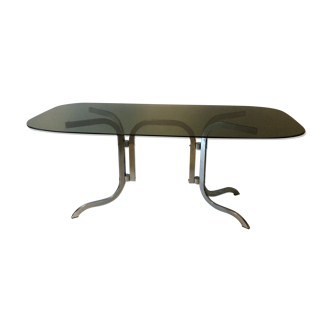 Table ovale verre fumé et pied chromé années 70