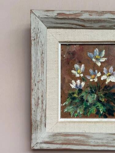 Mid-Century Oil on Panel “Flowers” by Unknown Artist, Vintage & Framed 20 × 23cm