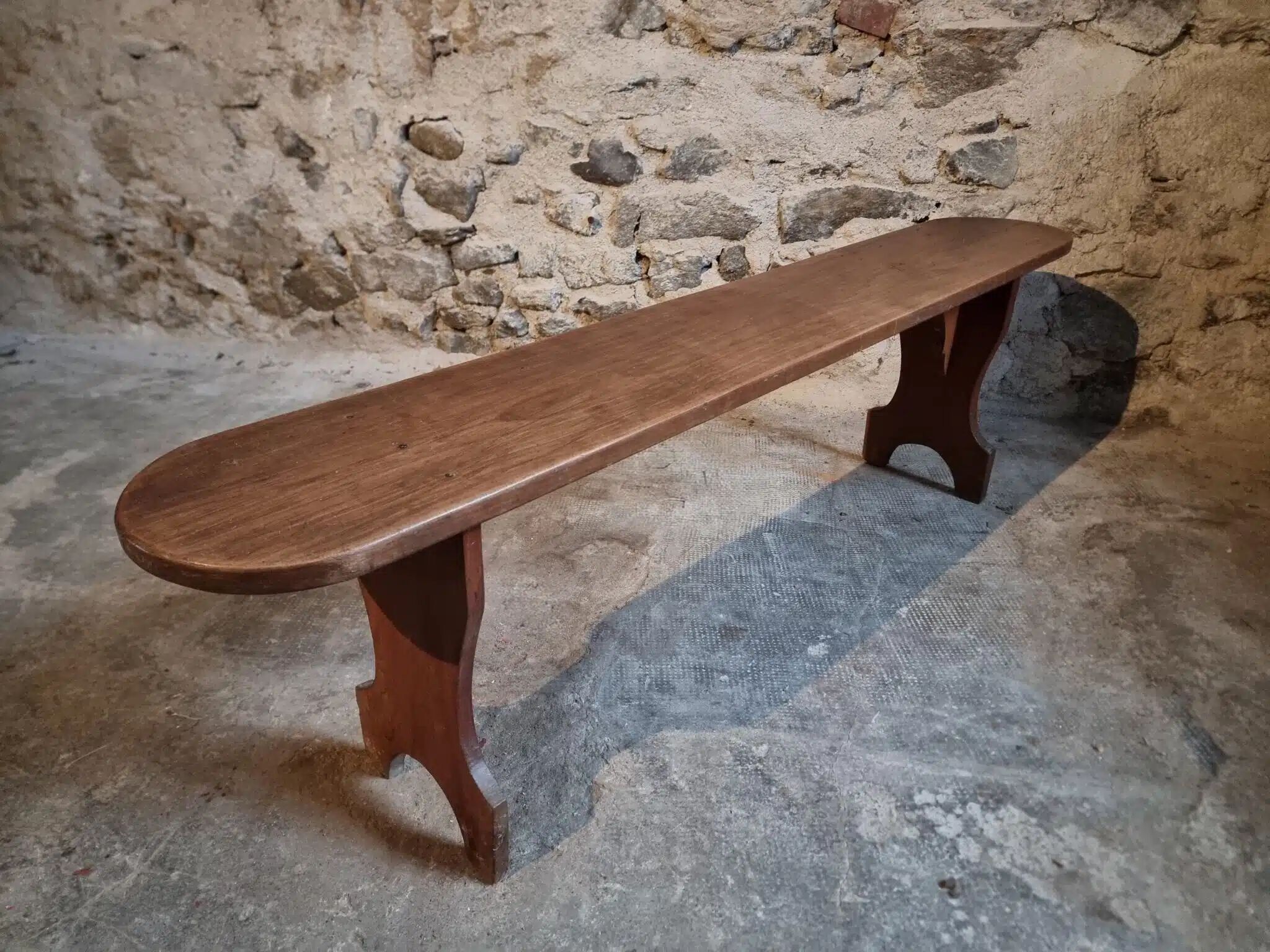French cherry wood bench, 1930s, narrow wooden bench.