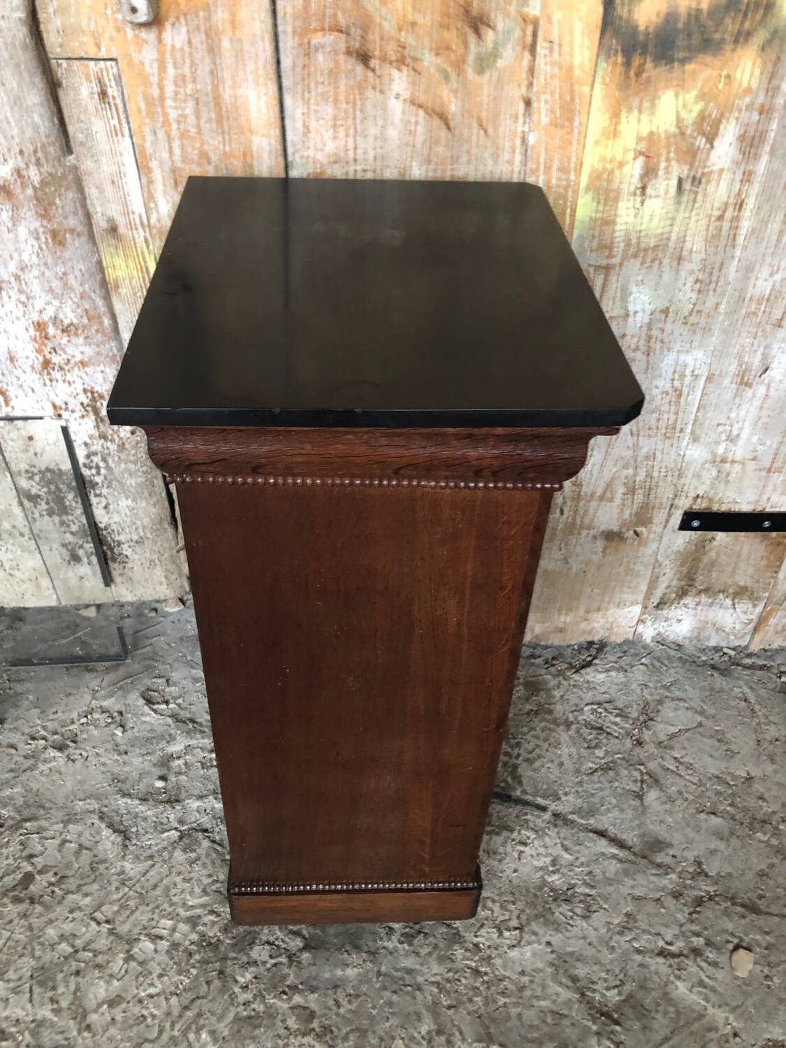 Bedside night table 19th century wood row of beads + black marble top #a637