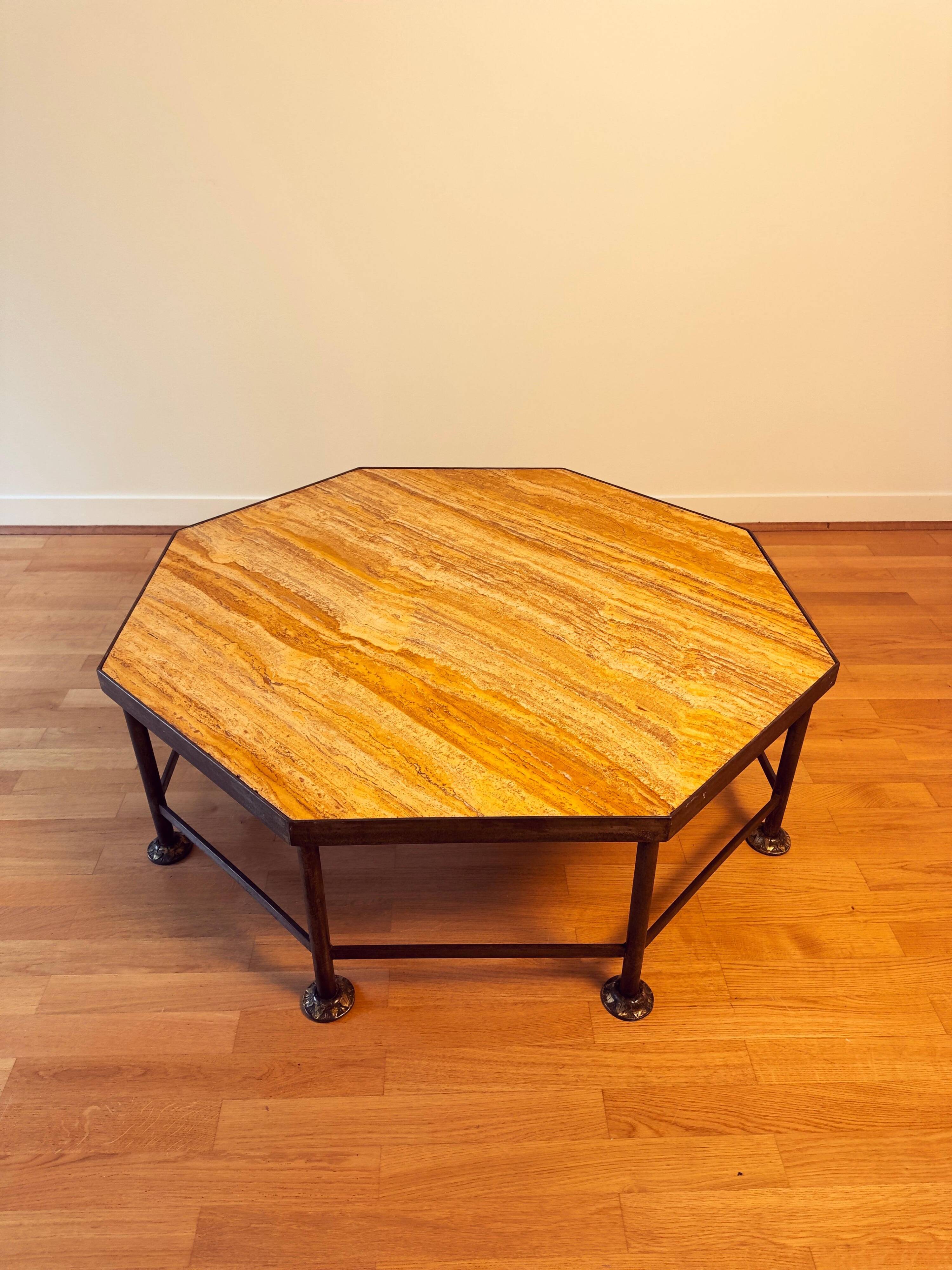 French Octagonal Travertine Coffee Table in the Style of Maison Jansen, 1960s