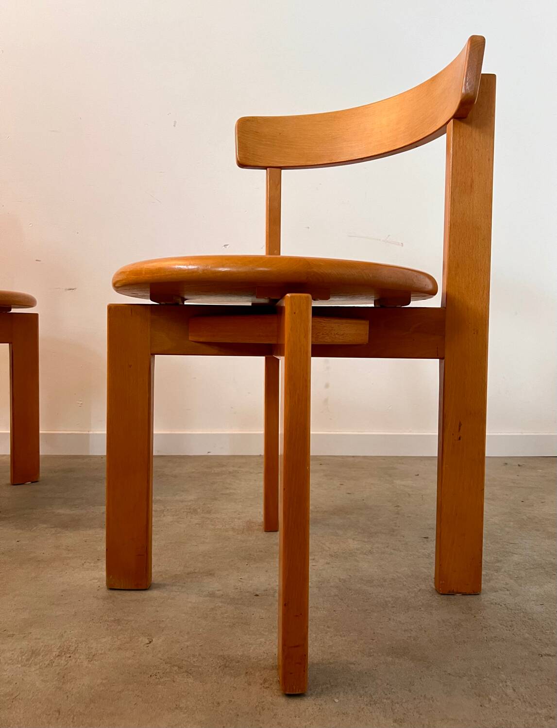 Set of 3 solid beech wood chairs, vintage 70s design