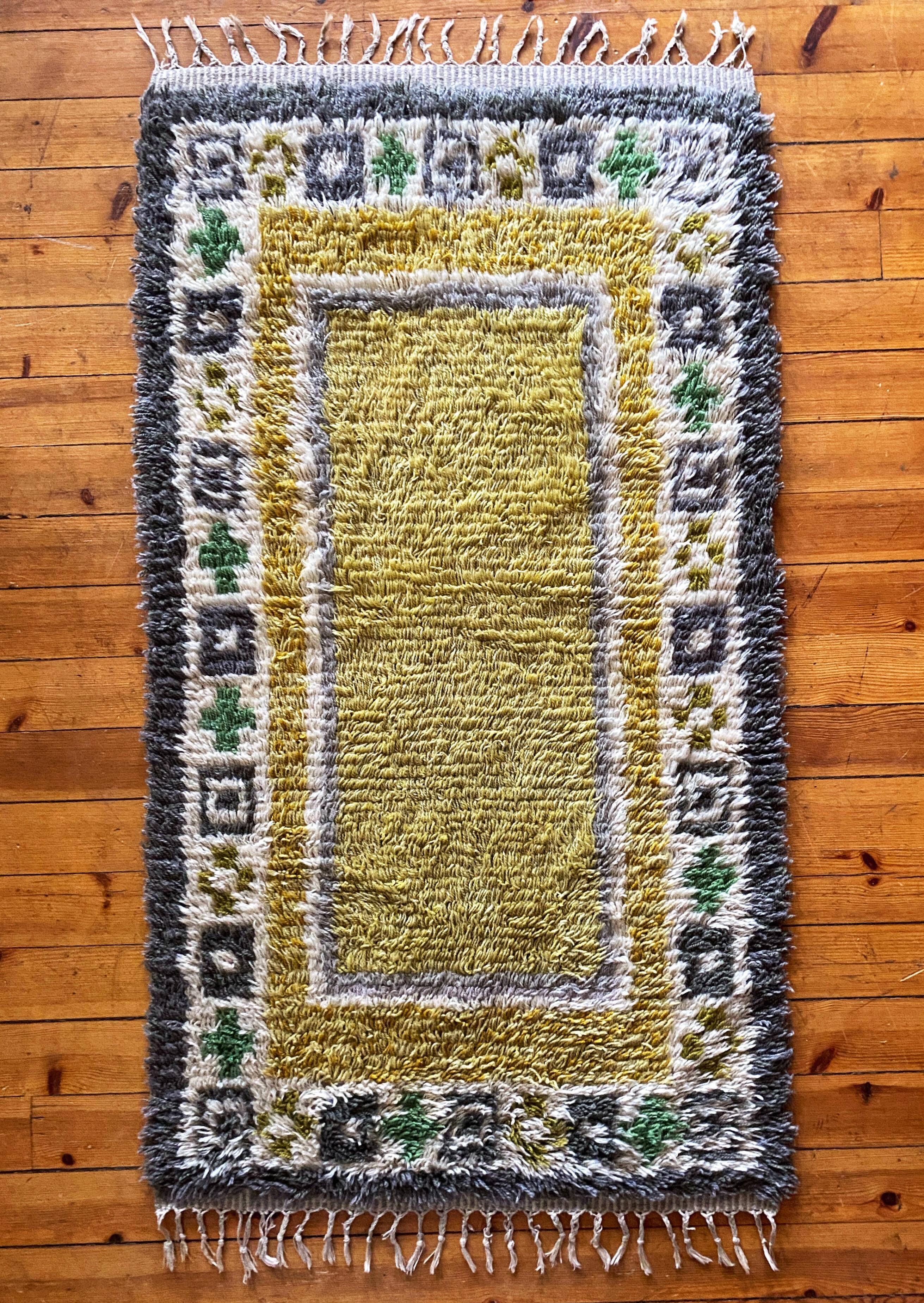 Mid-century Modern High Pile, Yellow, White, Green & Grey Rya Rug, Sweden, 1960s