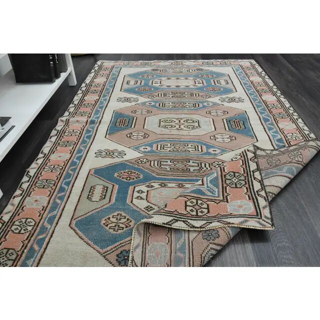 1970s Vintage Turkish Handmade Wool & Cotton Beige Area Rug 115x183