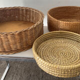 Trio of vintage wicker and woven raffia baskets