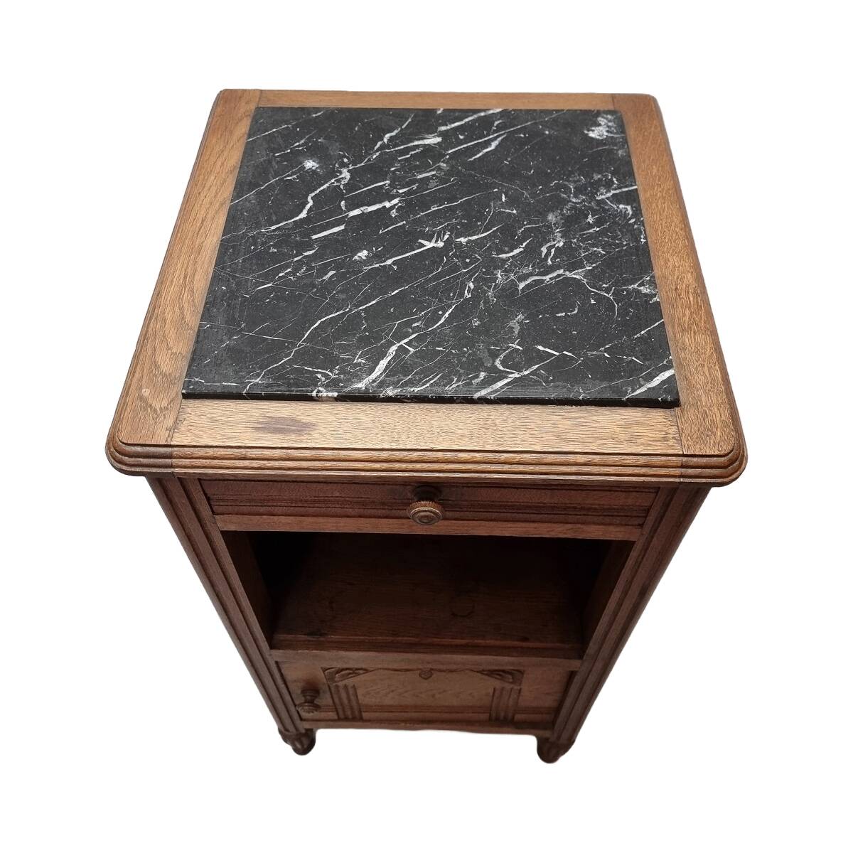 Table de chevet Art Déco en chêne avec plateau en marbre