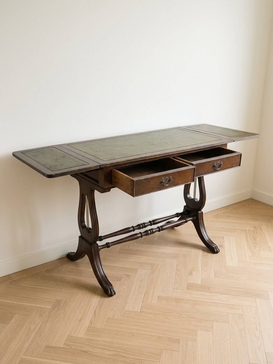 Napoleon III side table or desk in wood and green leather.