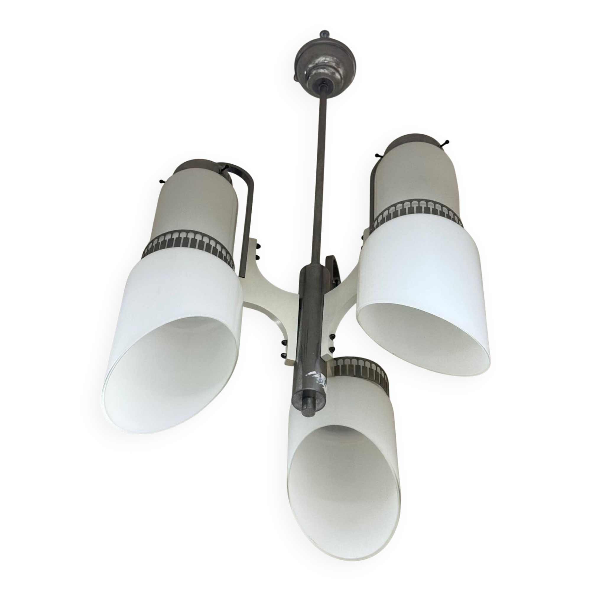 Lampadario Di Design Anni 70 3 Luci In Vetro E Acciaio Modernariato Vintage