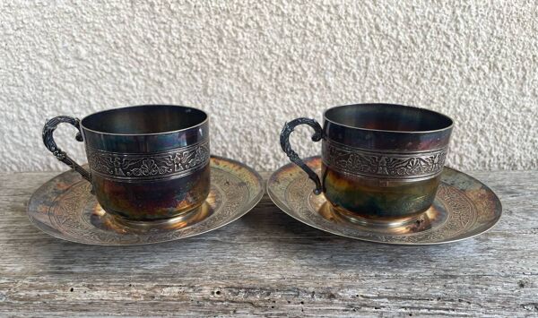 Paire Tasse à thé métal argenté