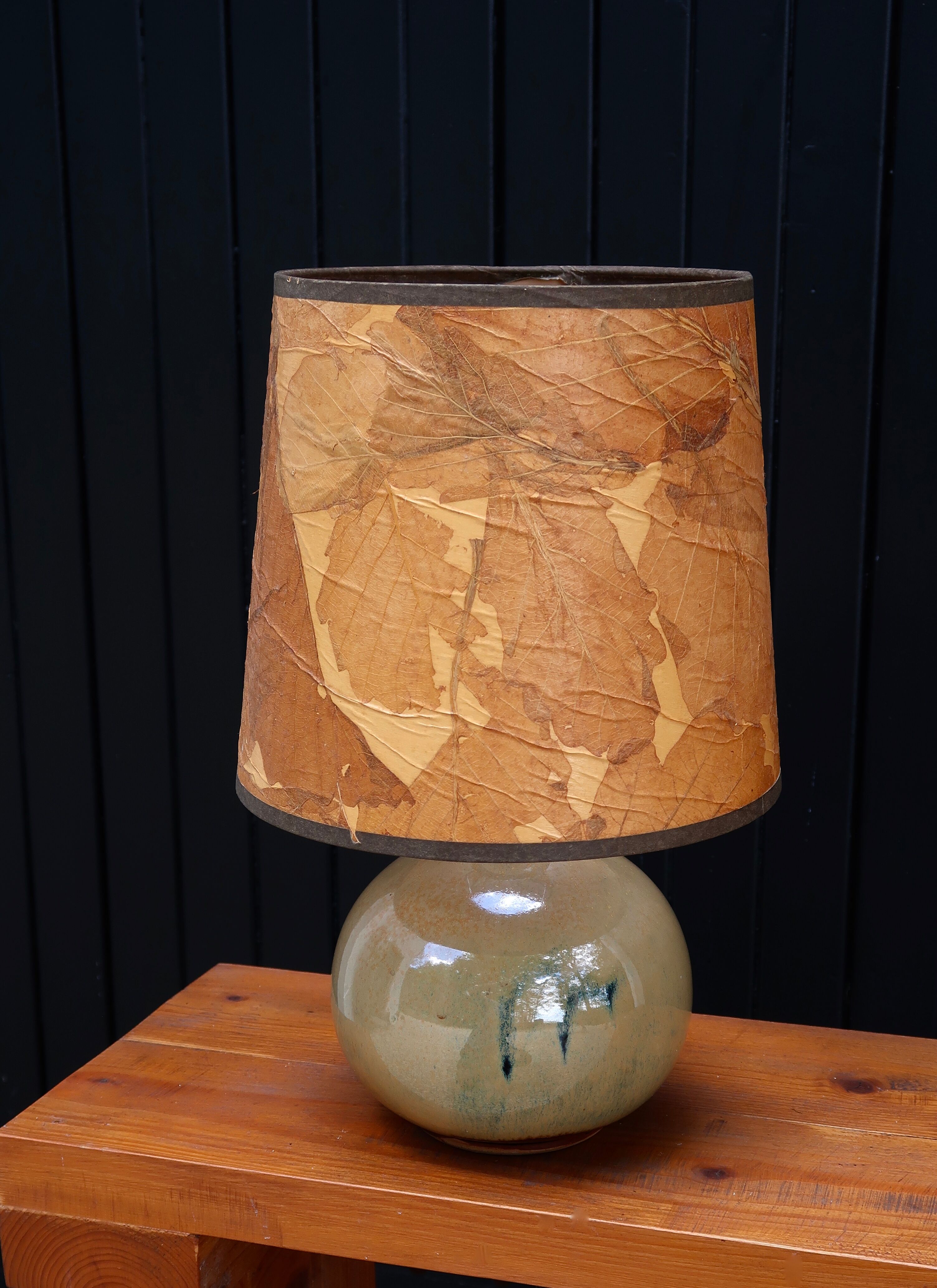 Beige ceramic lamp, herbarium-style lampshade, 70s