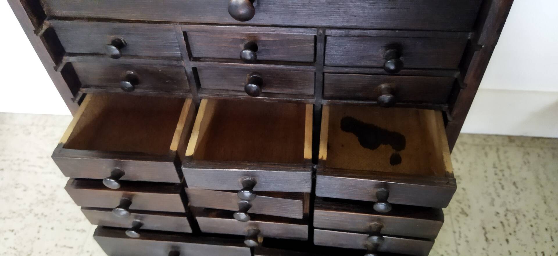 Authentic workshop furniture / Vintage watchmaker's layette in black wood