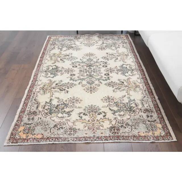 1970s Turkish Oushak Handmade Wool Cotton Beige Area Rug 120x207