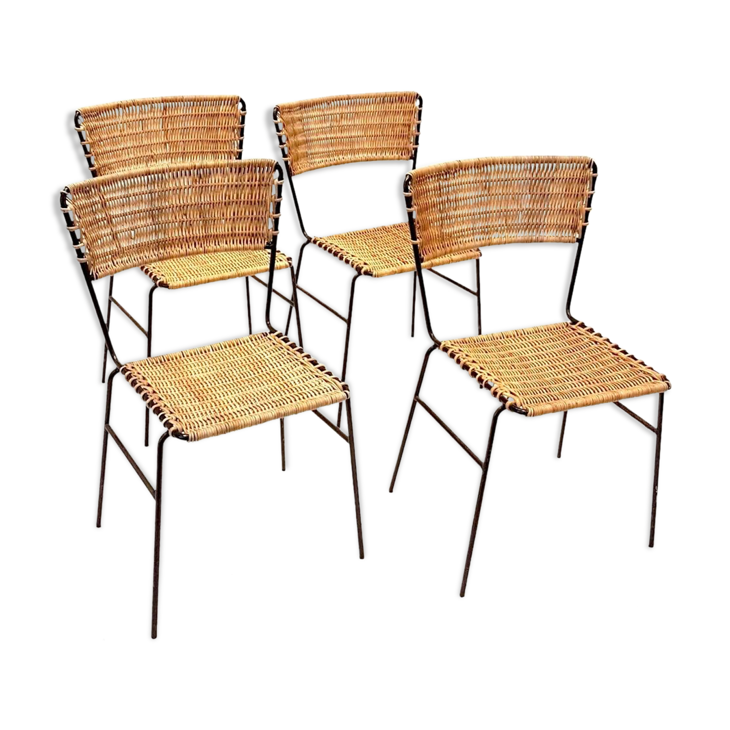 Set de 4 chaise de terrasse en rotin & fer forgé 1960s