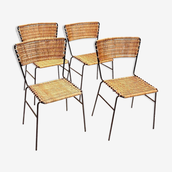 Set de 4 chaise de terrasse en rotin & fer forgé 1960s