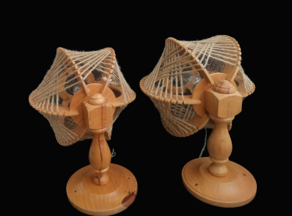 Pair of wooden wood straw wall sconce lamps rustic vintage France