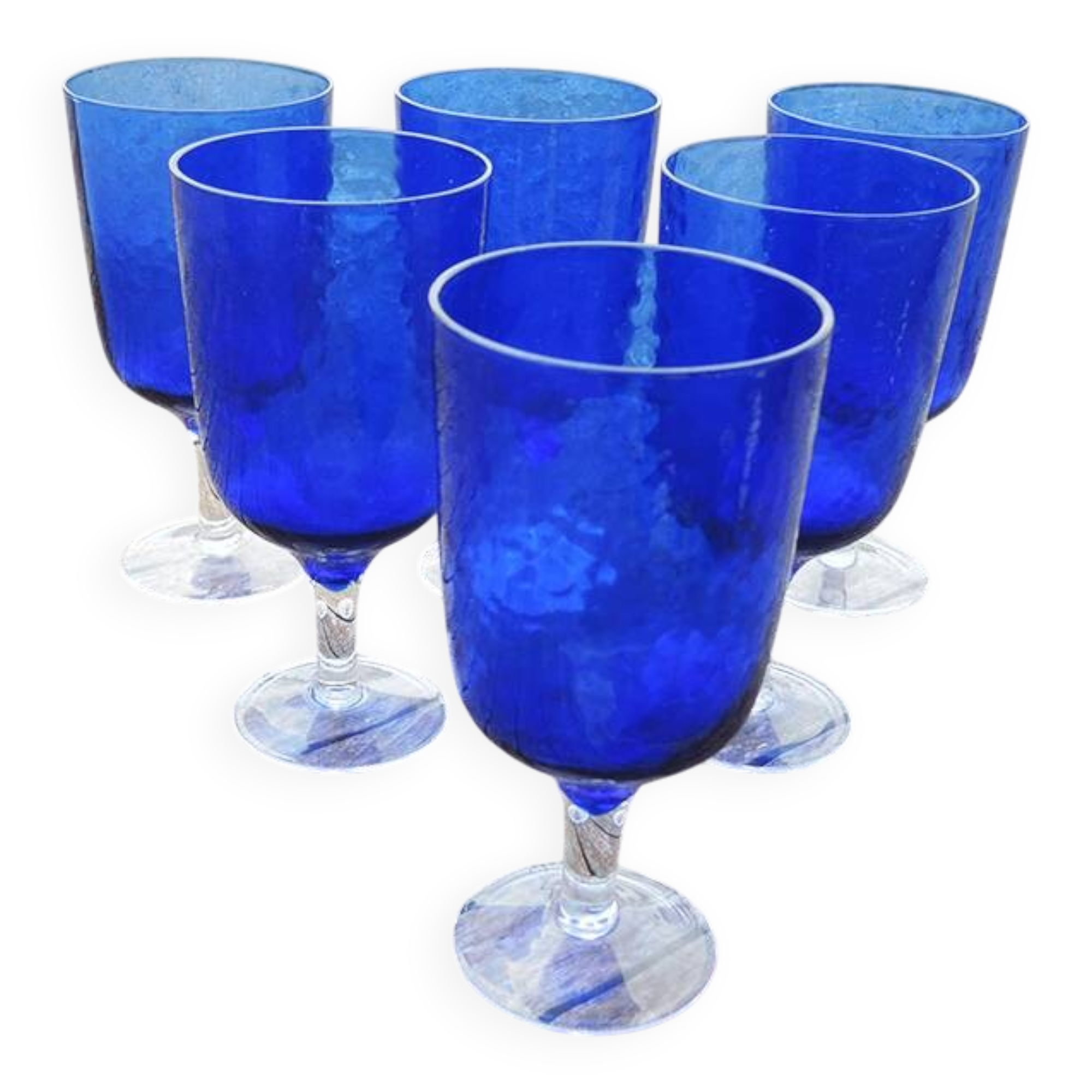 6 large blue textured glass stemmed glasses