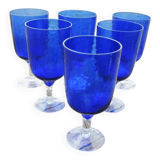 6 large blue textured glass stemmed glasses
