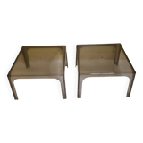 Pair of vintage smoked plexiglass coffee tables, minimalist design from the 1970s, 45 cm