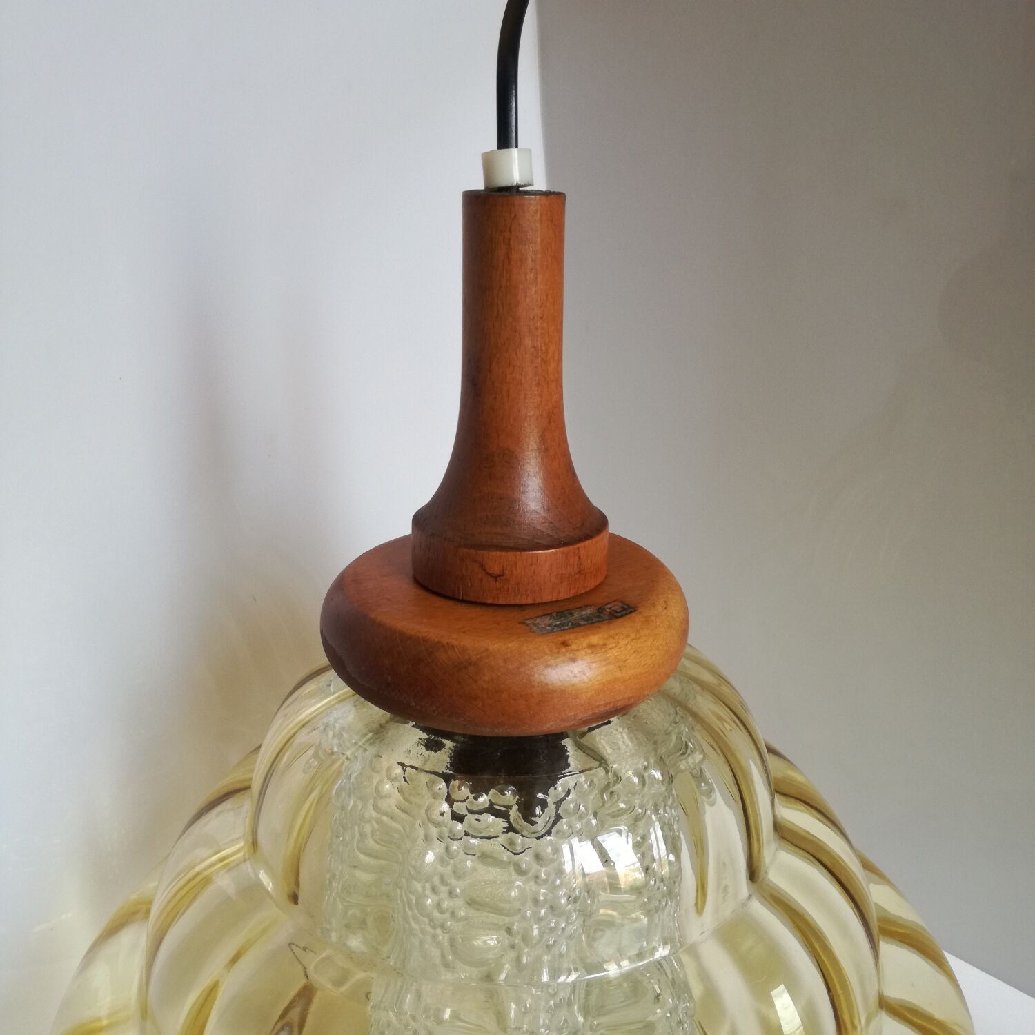 Scandinavian jellyfish pendant lamp in glass and wood 1970