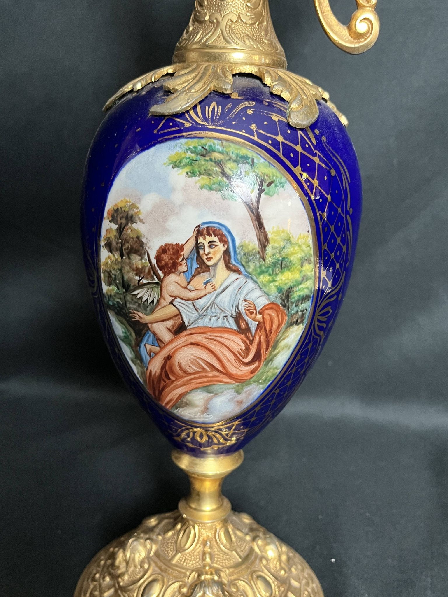 Royal blue porcelain ewer signed early 20th century