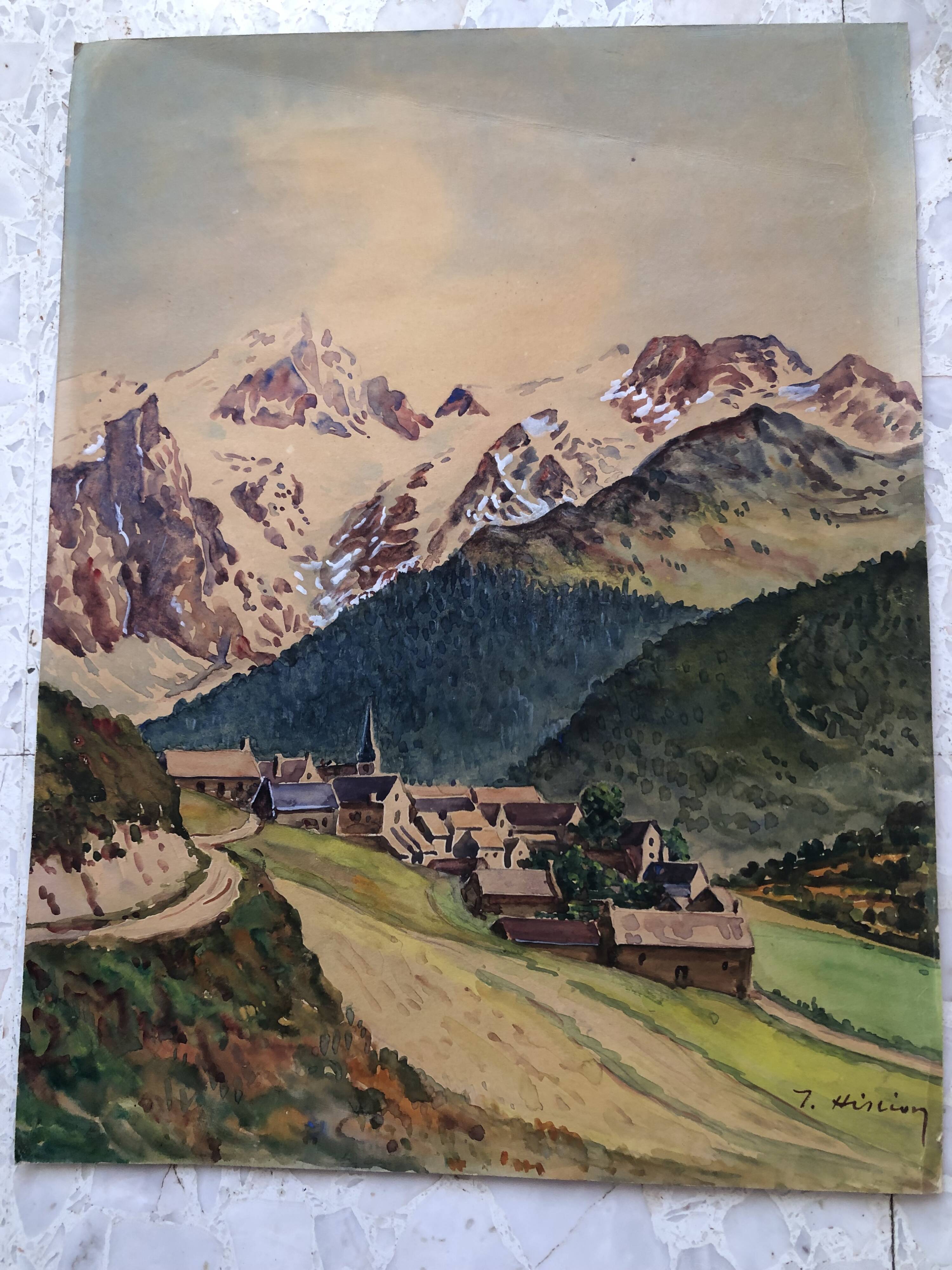 Watercolor painting mountain landscape by joseph hillion circa 1920 village alpes savoie, unframed
