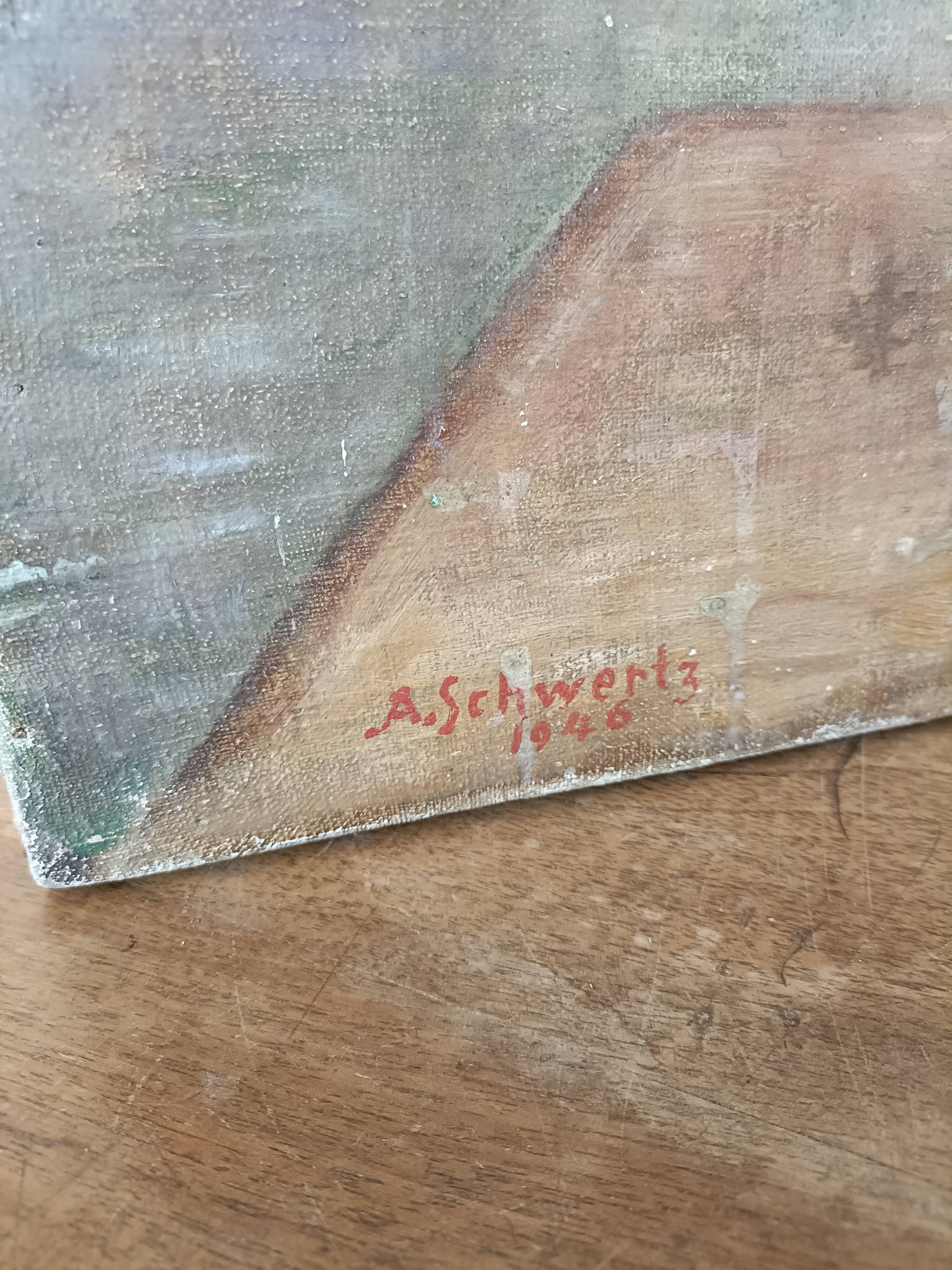 Flowered scene painting by A. Schwerz 1946