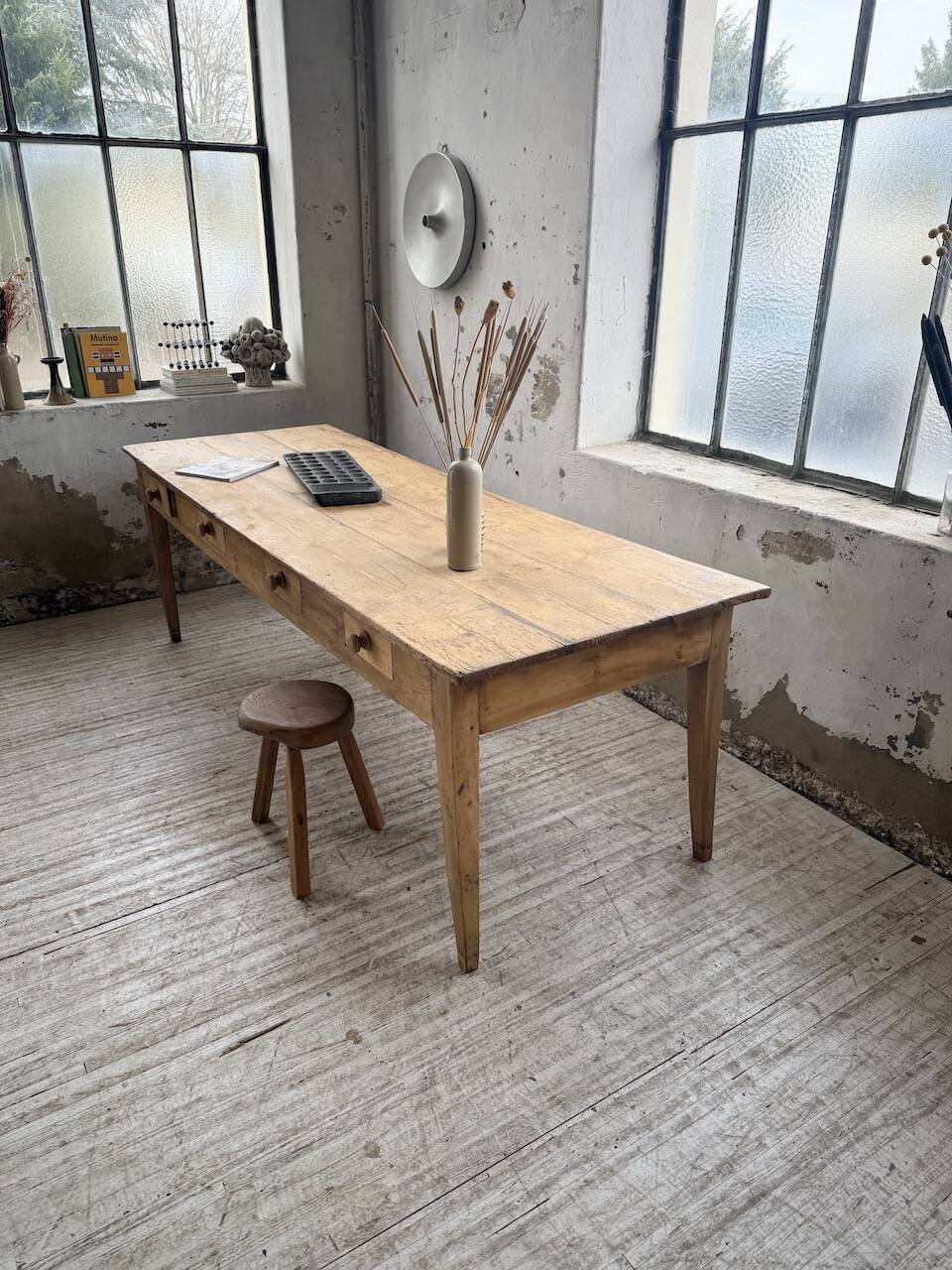 Pine and oak farmhouse table with multiple drawers, communal type, 240cm.